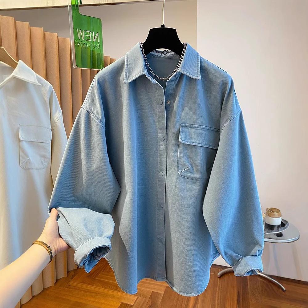 Old pink denim shirt women's 1116 spring and autumn new loose silhouette large version fat MM shirt jacket top