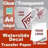 Waterslide Decal Paper 20 Sheets Inkjet Clear Printable A4 Size Transparent Water Slide Transfer for Tumblers Mugs Glasses Wood