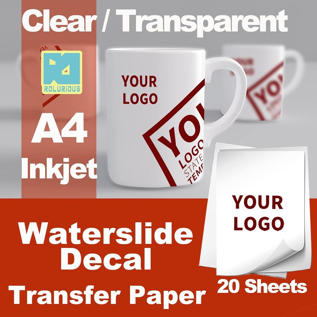 Waterslide Decal Paper 20 Sheets Inkjet Clear Printable A4 Size Transparent Water Slide Transfer for Tumblers Mugs Glasses Wood