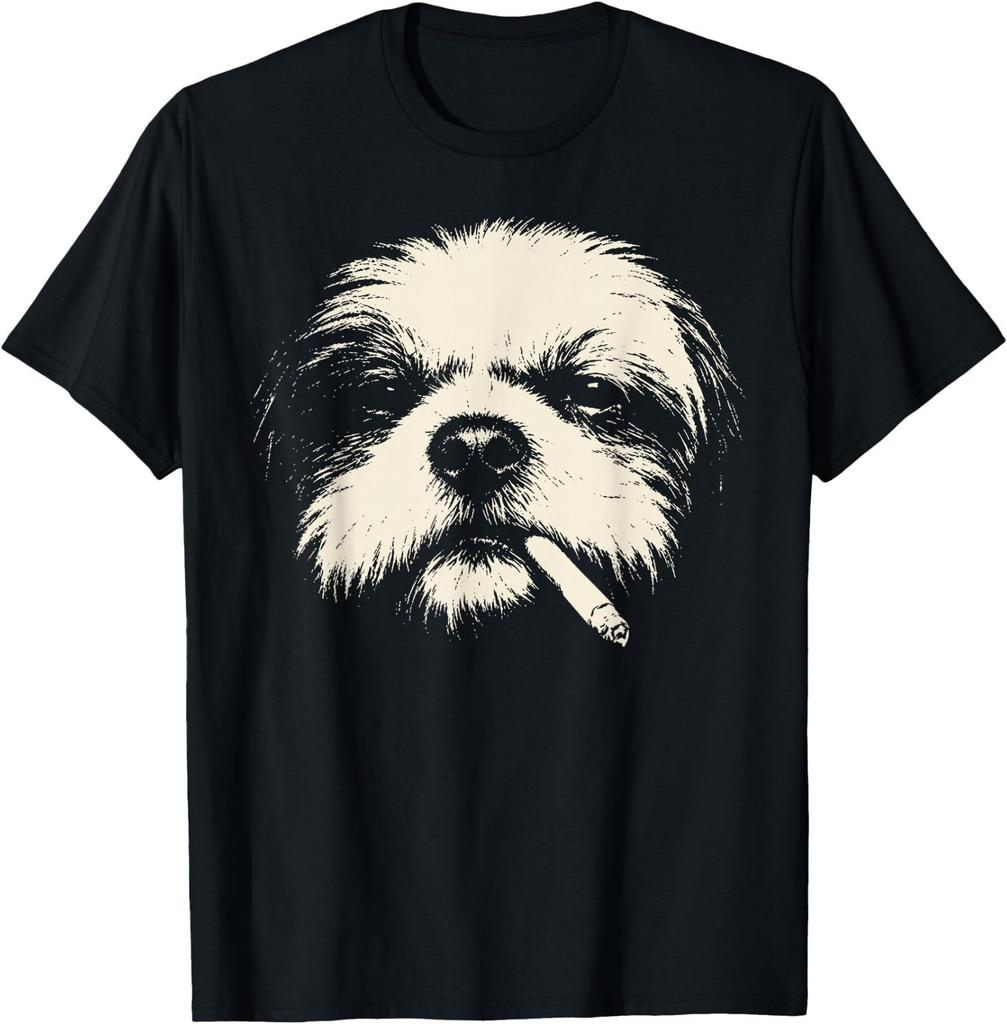 Smoking Shih Tzu Vintage Funny Dog Portrait Humor T-Shirt