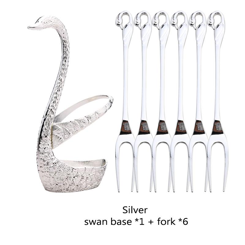 Stainless Steel Swan Base Holder with 3 Dessert Forks Coffee Spoons Set Tableware Home Decor Swan Base Holder Fruit Forks Set