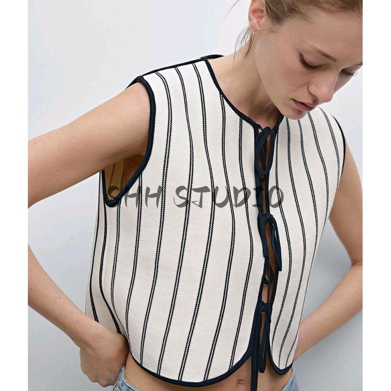 MD Spring and Summer Women's Clothing Intellectual Elegant Ol Commute Style Black and White Vertical Stripes Knitting Vest 5758676
