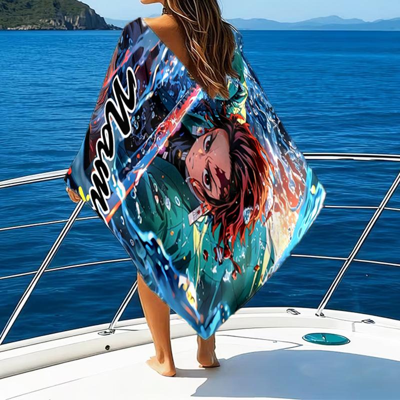 1pc Demon Slayer1 Beach Towel with Custom Name, Beach/Swimming/Bath/Picnic/Camping Towel, Suitable for Seaside Beaches