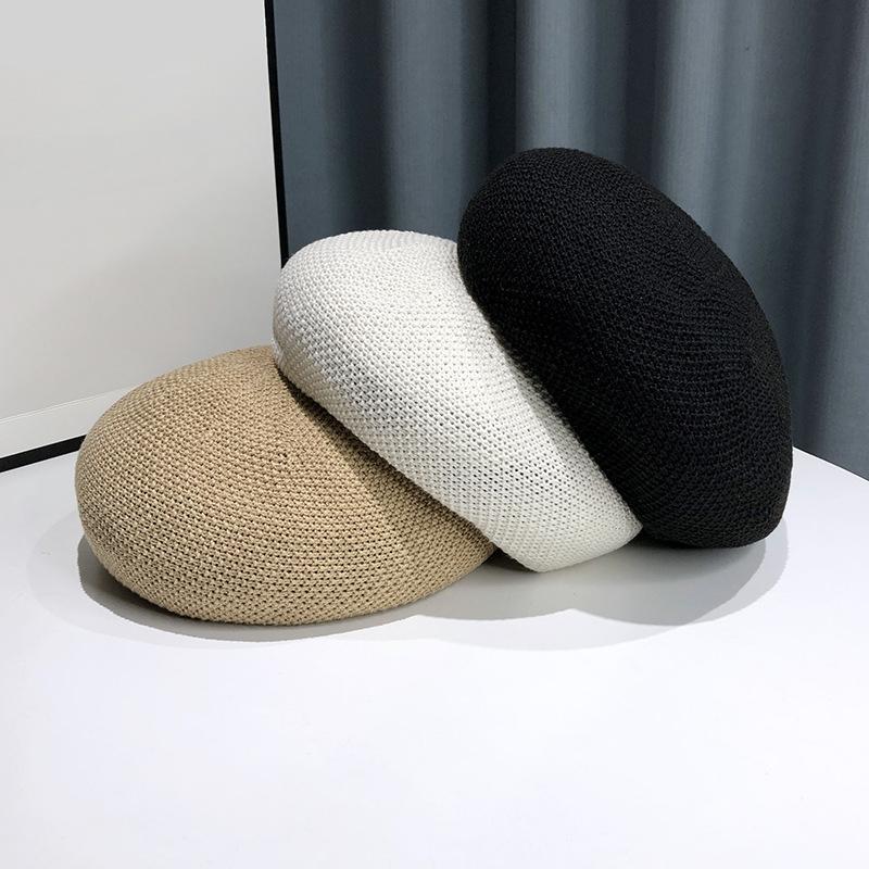 Sommer Tynn Stil Flettet Beret for Kvinner, Vår og Sommer, Liten, Japansk, Liten, Frisk, Hul, Pustende, Beret Kunstnerhatt