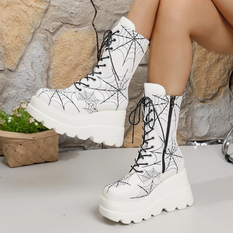 Fashion Fall New Fashion Round Toe Platform Side Zip Front Lace-Up Anti-Slip Wear-Resistant Short Thigh Single Boot