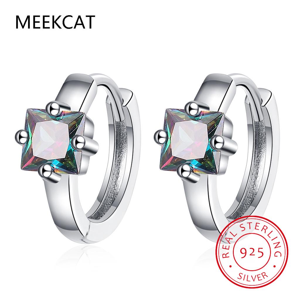 Princess Cut Square Natural Rainbow Mystic Quartz Solitaire 925 Sterling Silver Hoop Earring For Women Colorful Gemstone Jewelry