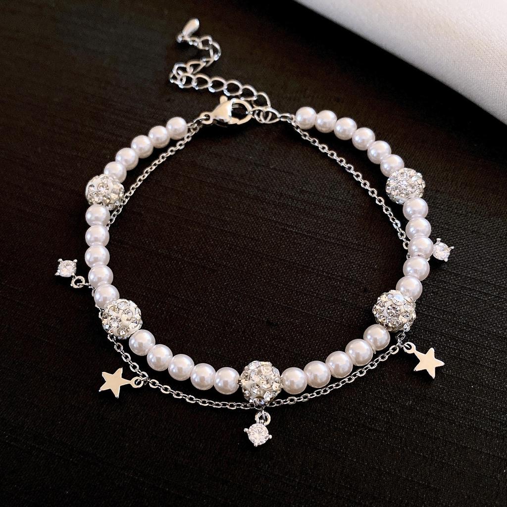 French beaded zircon star double-layer pearl bracelet bracelet niche design temperament jewelry
