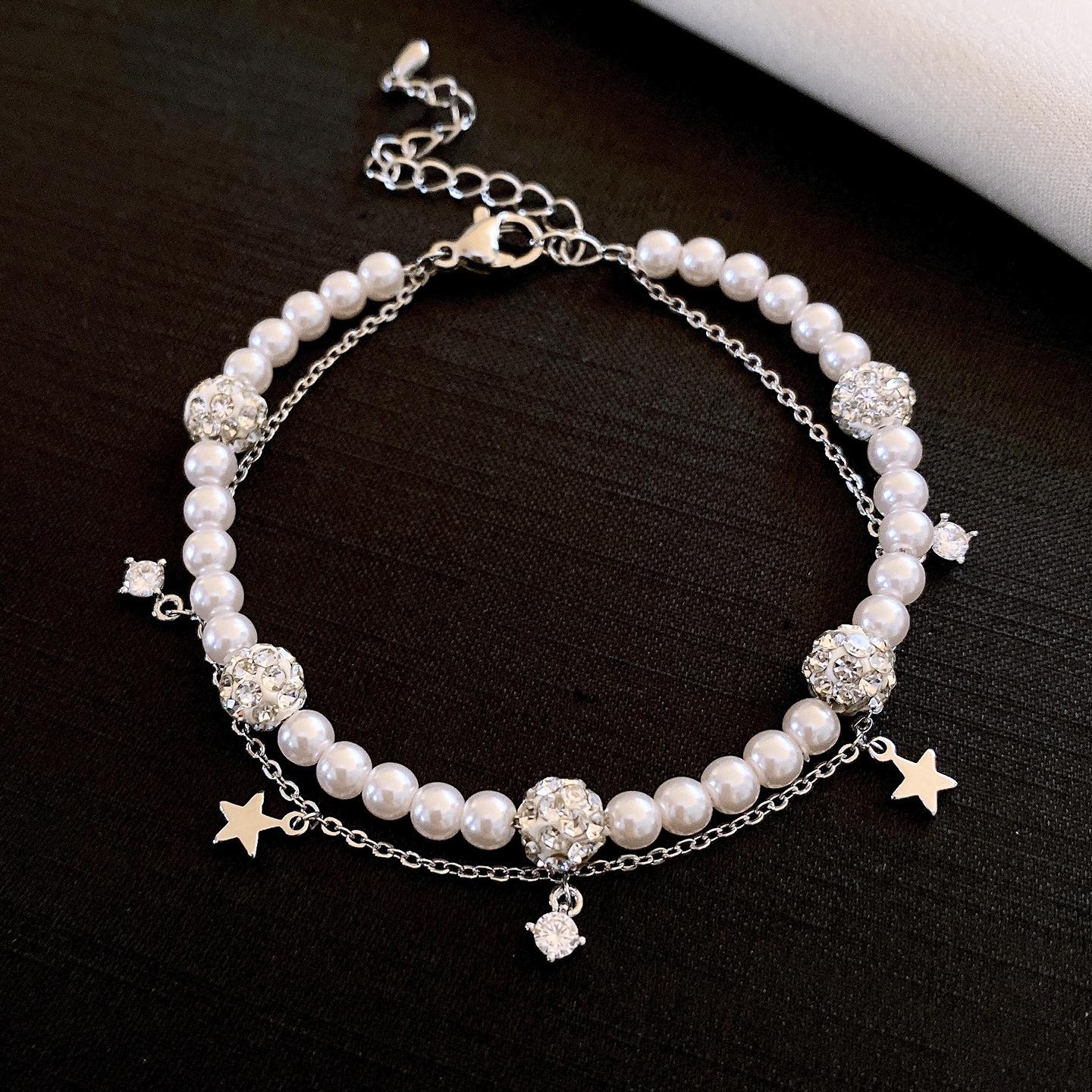 

French beaded zircon star double-layer pearl bracelet bracelet niche design temperament jewelry