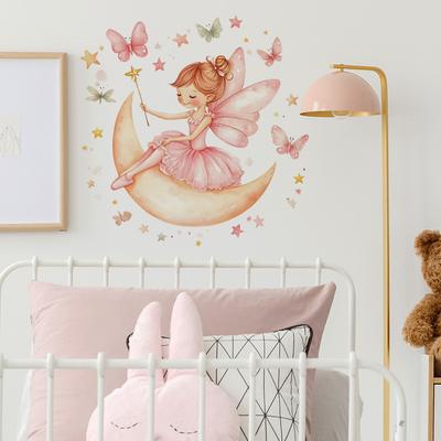 Cartoon-Blumenfee mit Schmetterlingen Wandaufkleber Skurril Magisch Selbstklebend Abnehmbar Dekor für Schlafzimmer Wohnzimmer Heimdeko