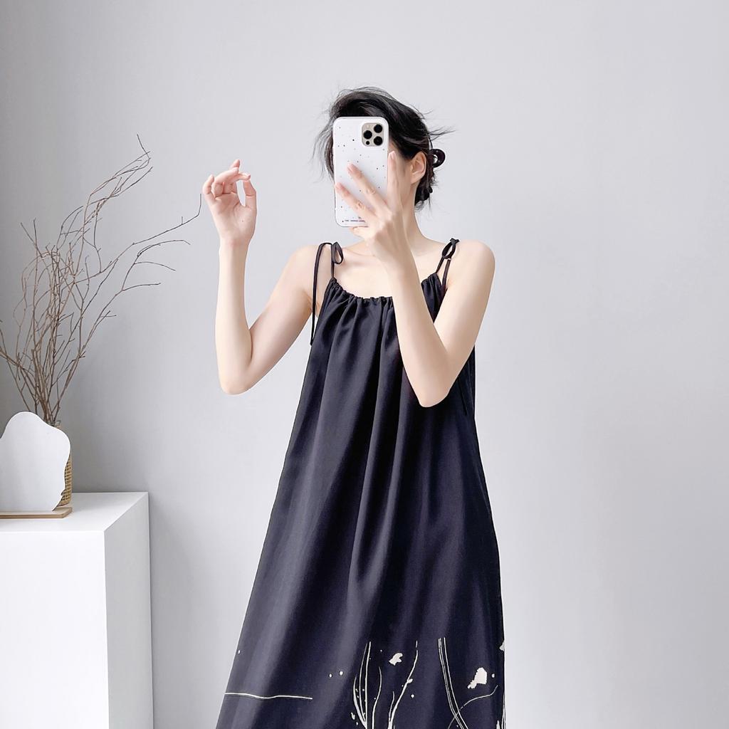 Cotton silk summer bohemian print suspender dress women's ethnic style retro loose medium and long vacation dress