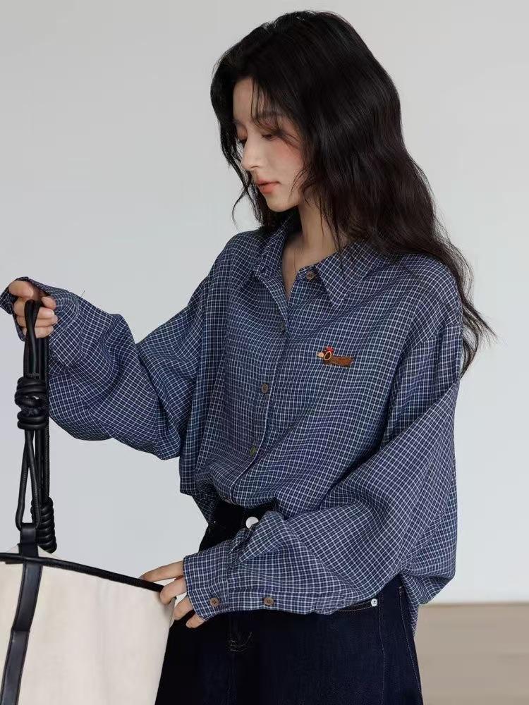 

Women s Retro Plaid Long-Sleeve Petite Casual Top - Spring 2025 Collection L темно-синий