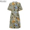 ZANZEA Kobiety Casual Okrągły Dekolt Falbany Krótki Rękaw Letnia Sukienka w Nadruk