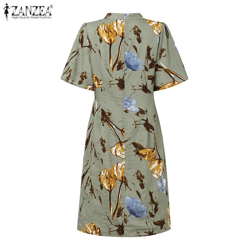 ZANZEA Damen Lässig Rundhals Rüschen Kurzarm Sommer Druckkleid