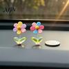 Small Car Decorations 5Pcs Colorful Shaking Flower Decor, Resin Rainbow Sunflower Dashboard Ornament Gadgets for Women with Non Slip Pad, Cute