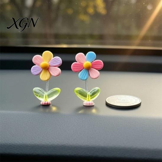 Small Car Decorations 5Pcs Colorful Shaking Flower Decor, Resin Rainbow Sunflower Dashboard Ornament Gadgets for Women with Non Slip Pad, Cute