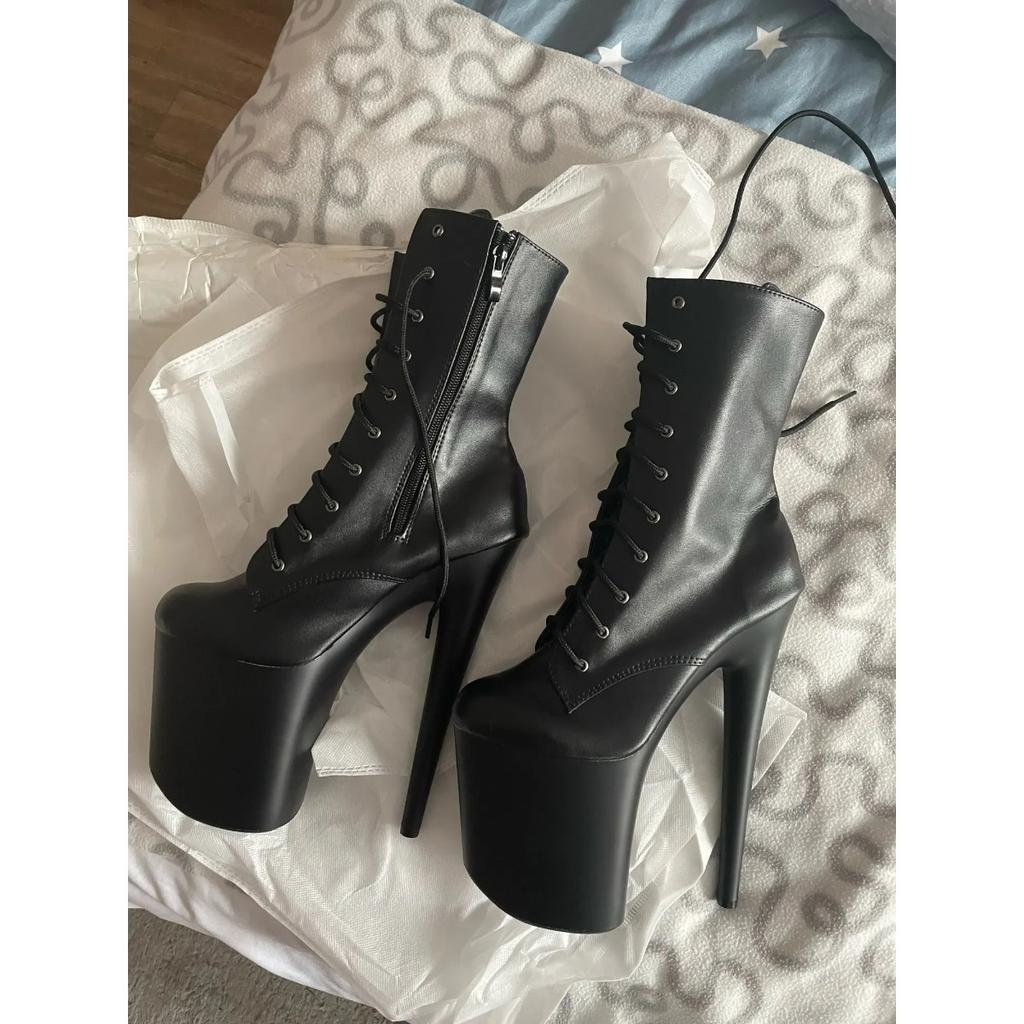 Woman Ankle Boots Strip Pole Dance Fashion Sexy Party Knight High Heels Stripper Platform Shoes 20cm Black Lace-up