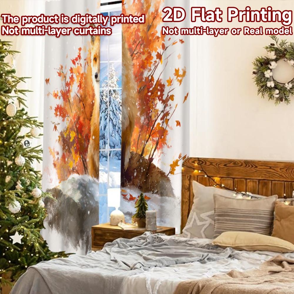 2pcs, 2D FLAT PRINTING Curtains (Without Rod) Autumn Fox(4) Minimalist Holiday Curtains Versatile Polyester Curtains Art Deco