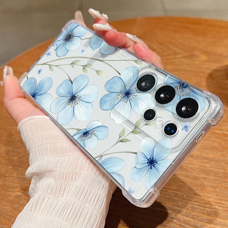 S25 Ultra Case Blue and White Flowers Pattern Clear Soft Cover For Samsung Galaxy S25 Edge S24 Ultra S23 S22 Plus S21 FE Capa Funda