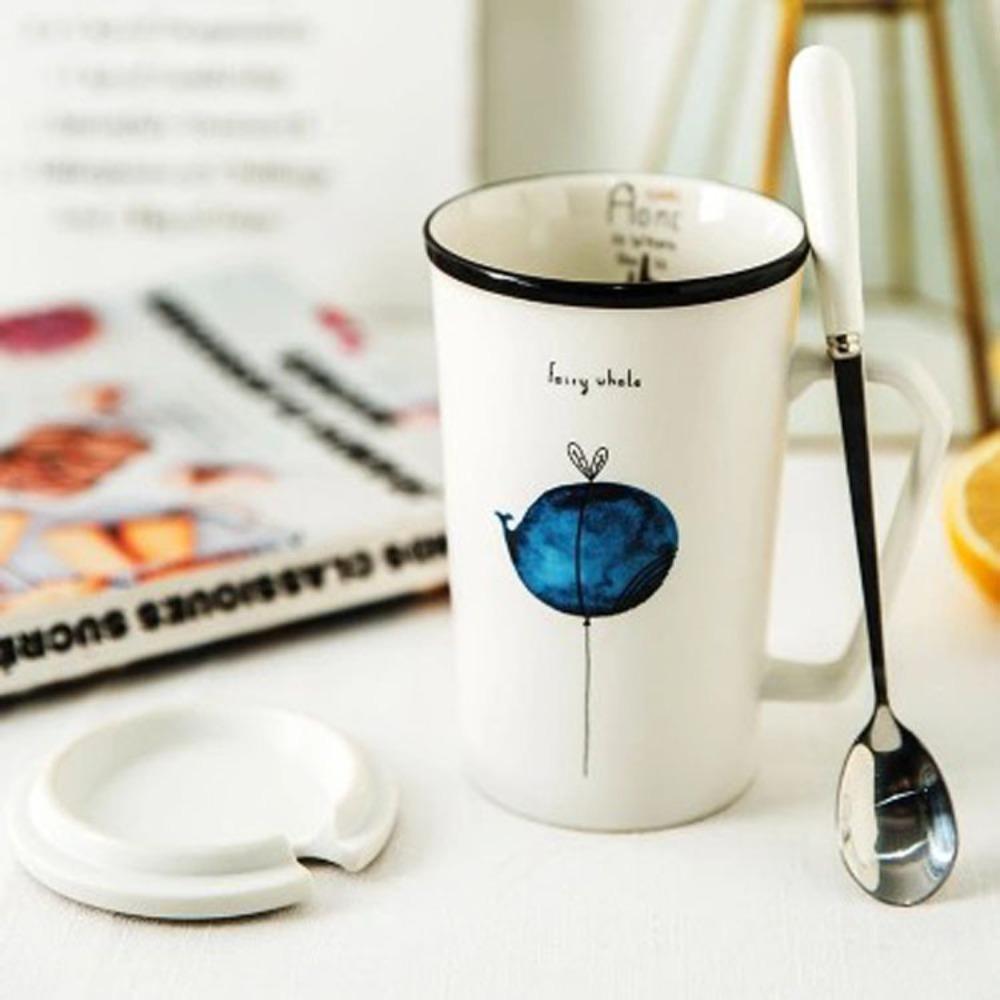 Office Drinking Cup, Cute Couple Ceramic Mug with Lid Spoon Minimalist Creative Milk Coffee Cup