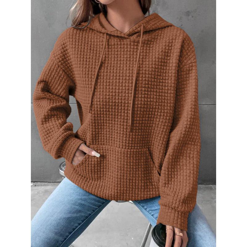 2023 Autumn/Winter Women's Waffle Knit Crew Neck Long Sleeve Solid Color Sweatshirt.