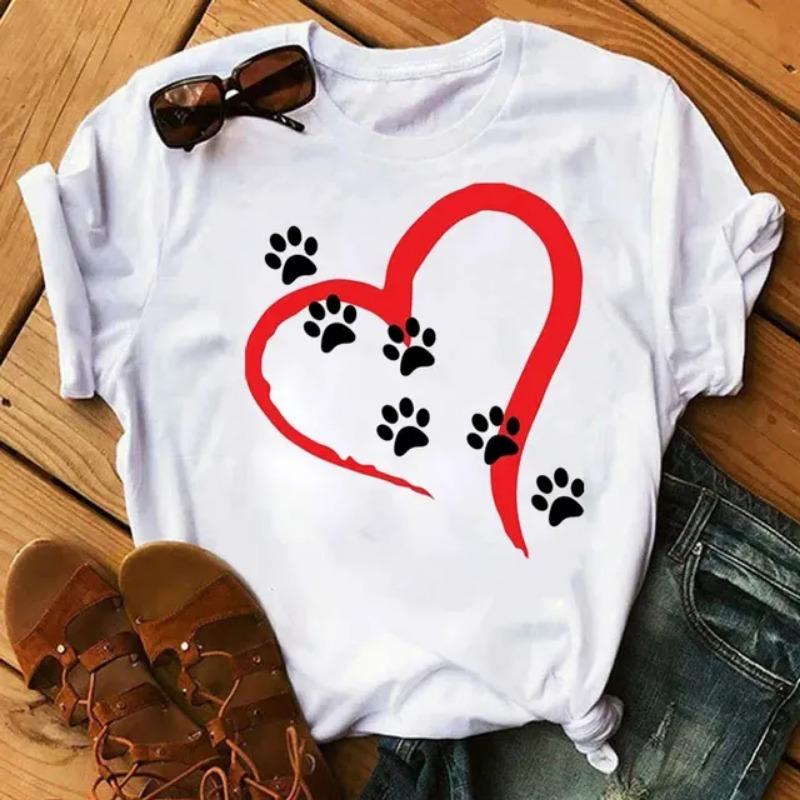 Women T Shirt Cartoon Tops Colorful Heart Dog Paw Print T-shirt Female Summer T-shirt 90s Girls Short Sleeve Tee Black T-shirts
