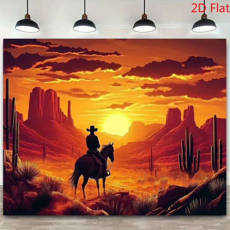 2D Retro Cowboy on Horse Silhouette Background for Western Themed Photoshoot 47.2x31.5inch/120*80cm