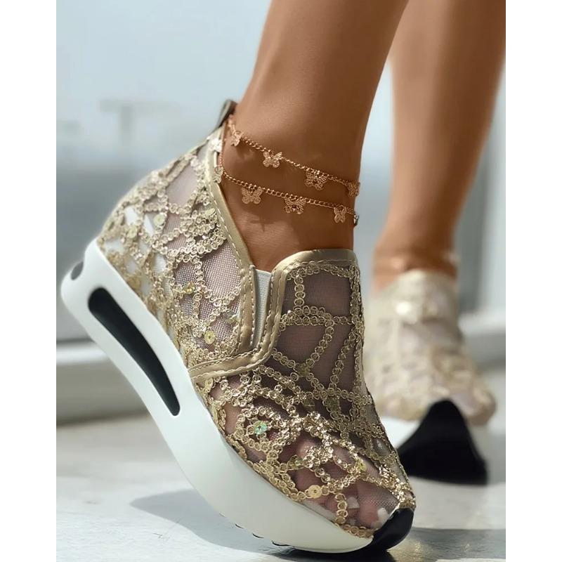 Fashion women's Muffin Sneakers Sequin Slip On Casual Shoes Round Toe Bling Bling Contrast Paneled Low Heel Sequin Slip On Sneakers