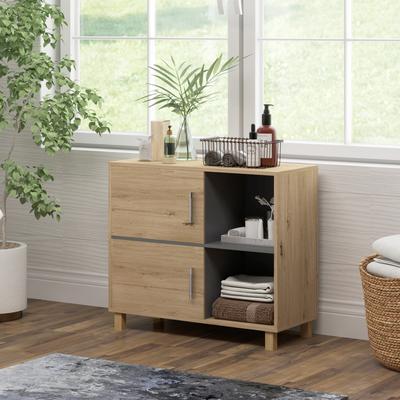 Bathroom Storage Cabinet Natural Wood 80x35x70 Cm 2 Doors 2 Open Compartments