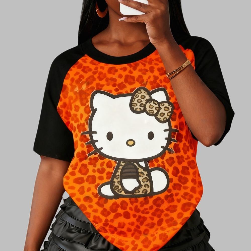 Leopard Print Hello Kitty Sweet and Cool American Street Style Summer T-Shirt Loose Top