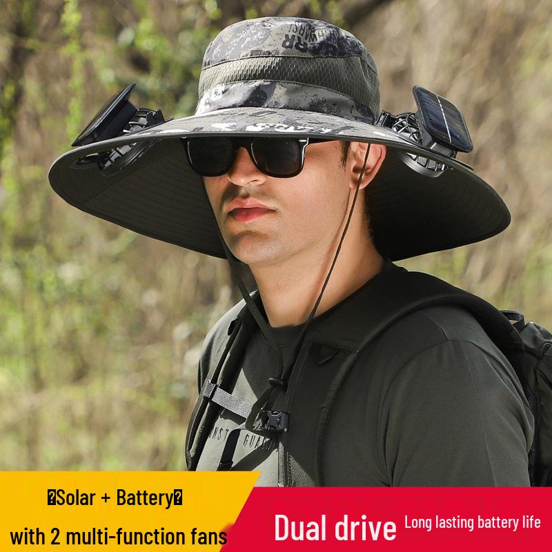 Men's Summer Outdoor Cooling Fan Hat - High Wind Power Sun Protection for Hiking, Fishing, and Mountaineering. Lightweight Fisherman Style.