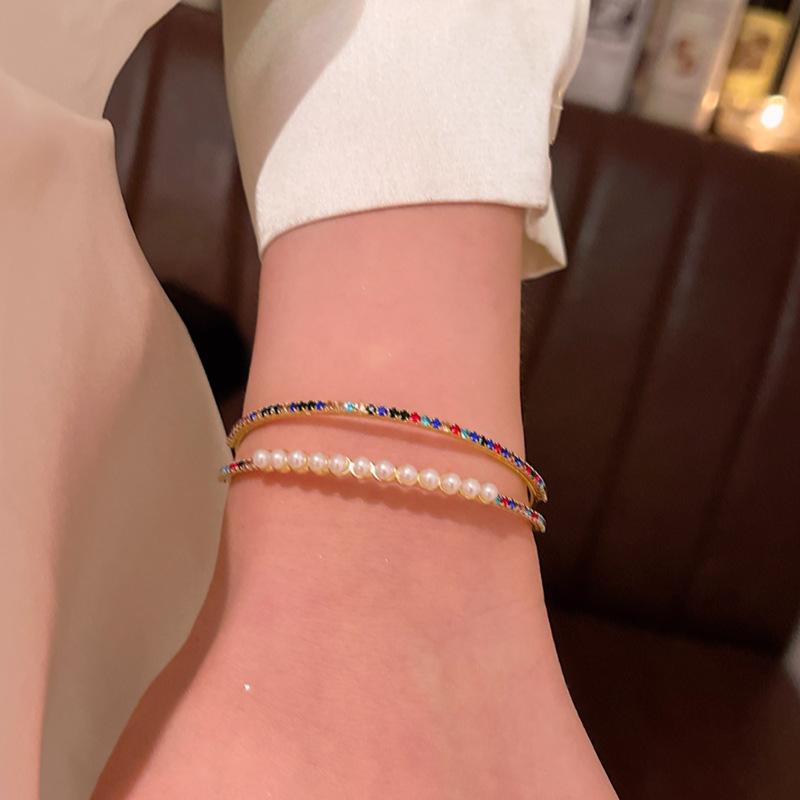 Super flash double-layer zircon pearl bracelet, femininity open bracelet, Douyin popular bracelet.