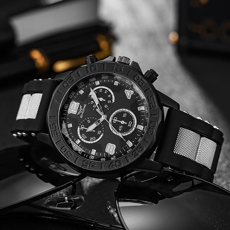 Leichter Luxus, raffiniert, gefälschte drei Augen, gemischtes Balkenskalenzifferblatt, Silikon-Quarzuhr