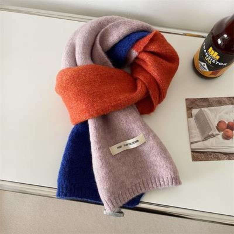 Contrast Color Scarf for Women Autumn and Winter Korean Version Cute Student Warm Knitted Knitted Matching Color Matching Decorative Scarf
