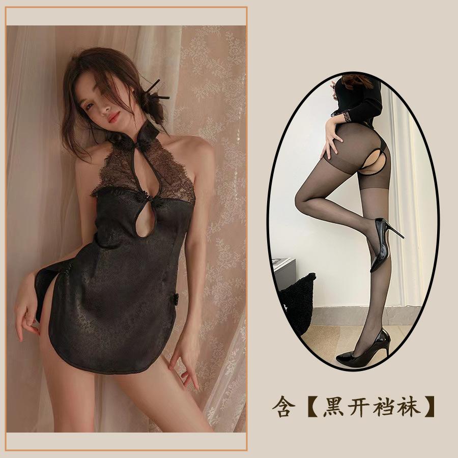 Sex Underwear Retro Sexy Printed Pajamas High Neck Temptation Side Split Nightdress Cheongsam Temptation Hollow Woman