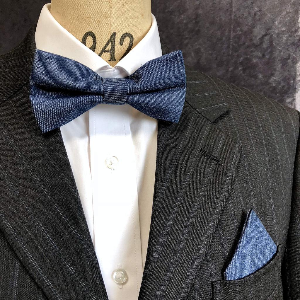 [Nanairo Bow Tie Specialty Shop] Denim Indigo Blue [Bow Tie and Pocket Square 2-Piece Set for Men - One-Touch, Formal, Jeans, Casual, After-Party,
