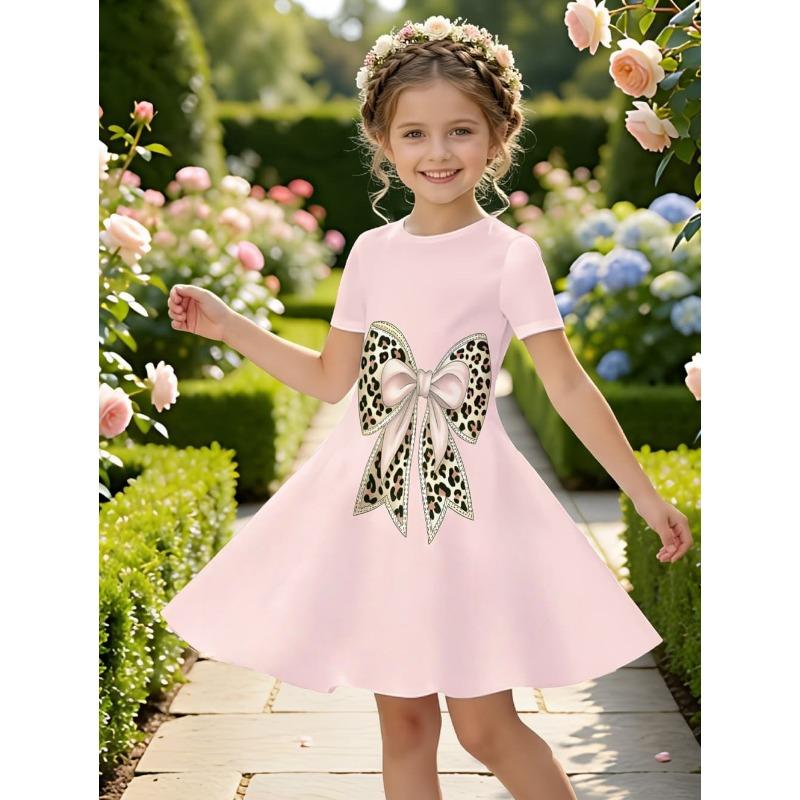 Girl Dresses Short Sleeve Summer Dress Bowknot Heart Print Hawaiian Vacation Beachwear Dress Outfits Bonfire Girls Party Dresses