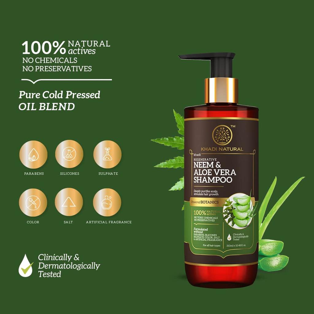 KHADI NATURAL Neem & Aloe Vera Shampoo For Hair Growth And Scalp Care Paraben Free For All Hair Types 310 Ml