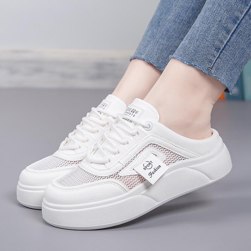 Women's 2025 Summer Breathable Mesh Slip-On Half-Slippers – Lightweight, Thick-Soled, Closed-Toe White Shoes.