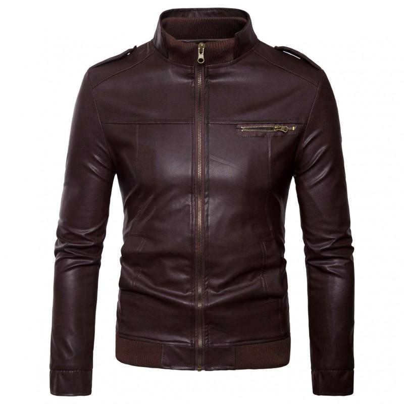 Mens PU Leather Biker Jacket 2019 Slim Fit Stand Collar Casual Outerwear Young Adults