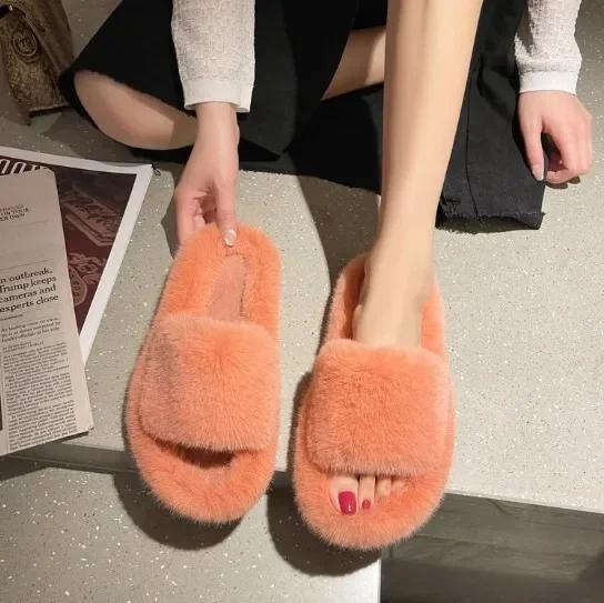 Fashion Fashion One Word Thick Fur Slippers Double Fur Slippers Casual Home Cotton Shoes for Women Flat Plush Cross Straps Slippers2024