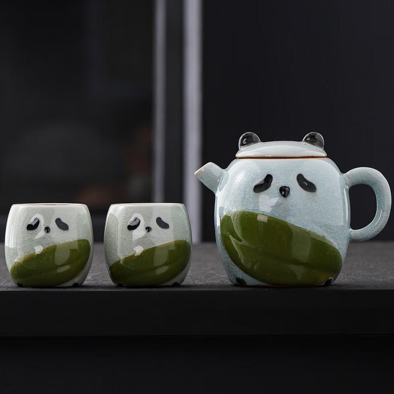 Retro Ceramic Panda Kung Fu Tea Set One Pot Two Cups