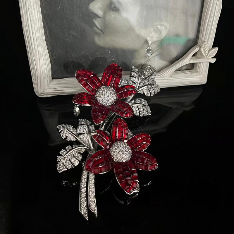 Red Double Flower Diamond Brooch: Women s Stylish, Luxurious, and Versatile European/American Fashion Accessory