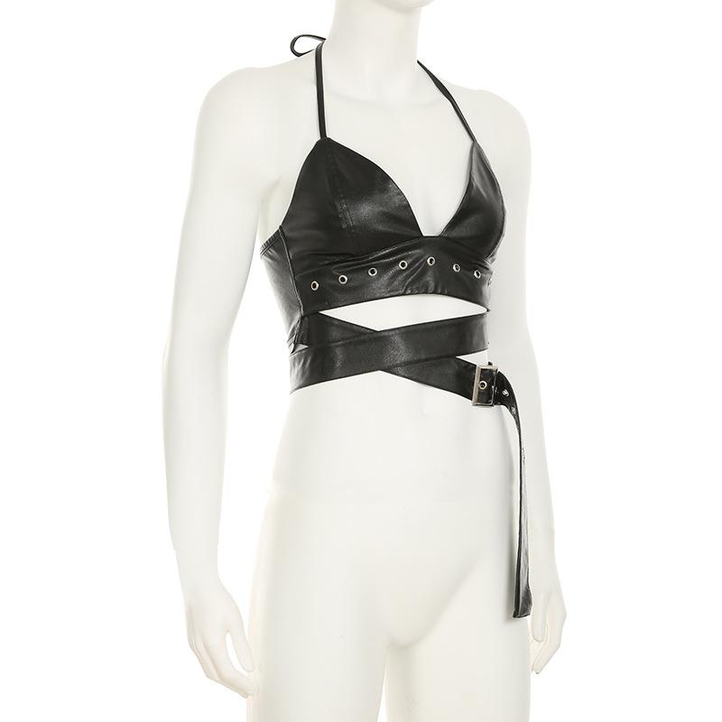 Women Heavy Leather V Low Waist Hip Personalised Punk Spice Girl Style Ring Buckle Decoration Cross Cock Eye Belt Short Skirt Suit