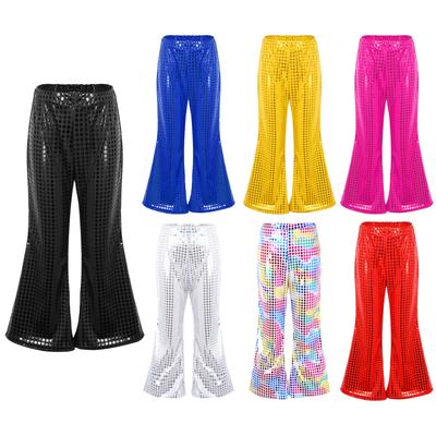 Kids Flared Pants Boys Girls Shiny Sequins Elastic Waist Bell BottomTrousers for Jazz Disco Modern Dance Stage Performance Pants
