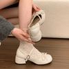 French Lace Bow Mary Jane Small Leather Shoes Women's New Summer Round Toe Block Heel One Buckle Single Shoes