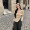 Autumn Winter One Word Collar Slit Irregular Sweater Women Long Sleeve Off the Shoulder Knitting Bottomed  Top