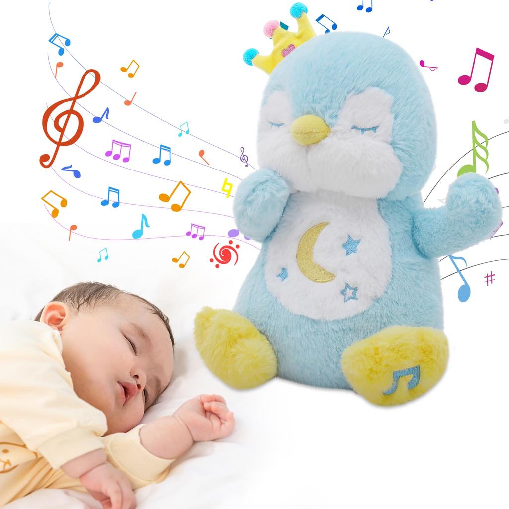 Emoin Goodnight Penguin Toy [Educational Toy] [Sleep Toy] Plush Toy, Sleep Toy, Music Box with LED Lights, Moving Plush Toy, Penguin Toy, Imitating