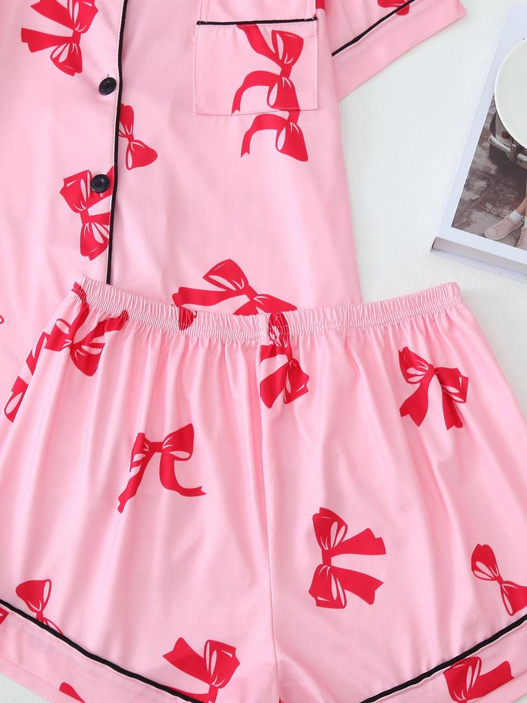 Bow Short-Sleeve Pajama Shorts Set – Stylish Indoor/Outdoor Wear