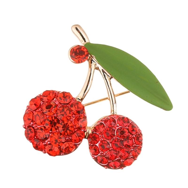 Dazzling Fruit Cherry Pin Brooch Lustrous Green Cubic Zircon Cherry Brooch Pin Adornment for Fashion Enthusiasts