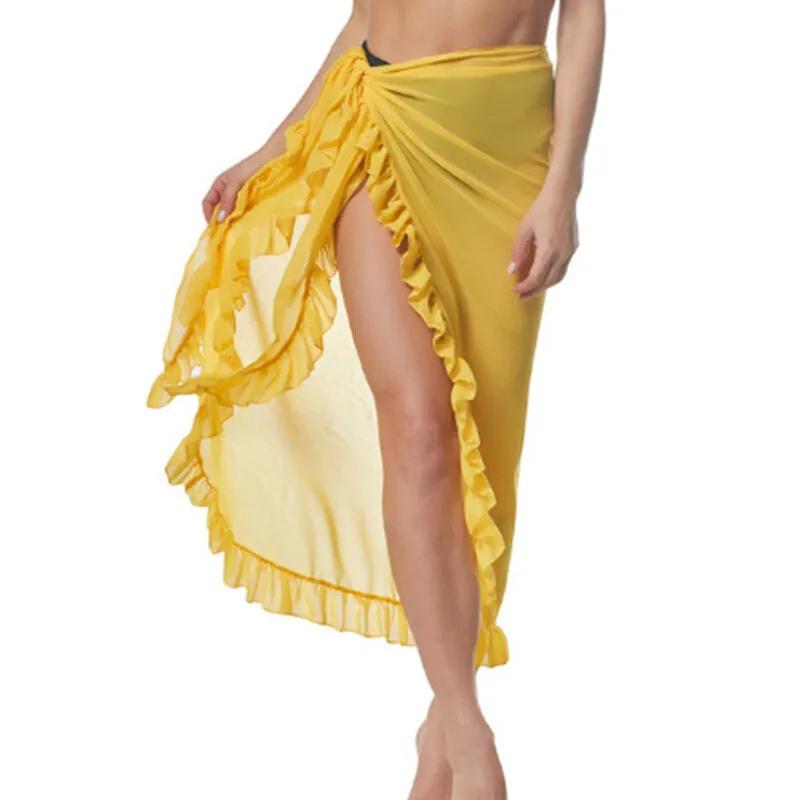 

Женское шифоновое прозрачное пляжное бикини, накидка, шарф, купальник, парео, платье-саронг, однотонное повседневное пляжное платье с оборками жёлтый
